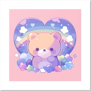 Cute Kawaii Baby Bear Cub With Rainbow Heart Posters and Art